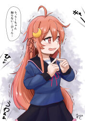 Rule 34 | 1girl, ahoge, akashieru, black sailor collar, black skirt, blue shirt, commentary request, cowboy shot, crescent, crescent hair ornament, hair ornament, highres, index fingers together, kantai collection, long hair, looking to the side, open mouth, orange hair, pleated skirt, red eyes, sailor collar, school uniform, serafuku, shirt, skirt, solo, standing, translation request, uzuki (kancolle), wavy mouth, white background