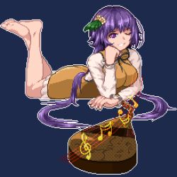 Rule 34 | 1girl, bare legs, barefoot, biwa lute, breasts, double dealing character, flower, hair flower, hair ornament, instrument, large breasts, long hair, long sleeves, looking at viewer, lowres, lute (instrument), lying, musical note, nukekip, on stomach, pixel art, purple eyes, purple hair, self-upload, shirt, simple background, skirt, smile, solo, the pose, touhou, tsukumo benben, twintails, white shirt