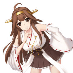 Rule 34 | 10s, 1girl, ahoge, bad id, bad pixiv id, bare shoulders, blush, breasts, brown eyes, brown hair, detached sleeves, ghound, hairband, headgear, highres, japanese clothes, kantai collection, kongou (kancolle), leaning forward, long hair, looking at viewer, matching hair/eyes, nontraditional miko, parted lips, ribbon-trimmed sleeves, ribbon trim, solo