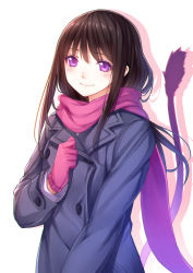 Rule 34 | 10s, 1girl, bad id, bad pixiv id, blazer, brown hair, cat tail, gloves, highres, iki hiyori, jacket, long hair, looking at viewer, noragami, pen (steelleets), pink gloves, purple eyes, scarf, smile, solo, tail