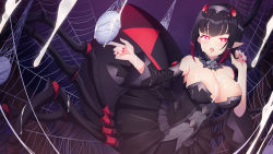 Rule 34 | 1girl, amemiya ruki, arachne, areola slip, arthropod girl, bare shoulders, black dress, black hair, breasts, chinese commentary, commentary request, cum, cum on body, detached sleeves, dress, gradient hair, heart, heart-shaped pupils, highres, insect girl, large breasts, long sleeves, looking at viewer, monster girl, multicolored hair, nail polish, original, pink nails, pointy ears, red eyes, red hair, short hair, silk, solo, spider girl, spider web, symbol-shaped pupils, taur, wide sleeves