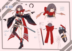 Rule 34 | 1girl, :d, bandaged leg, bandages, bare shoulders, belt, black footwear, black gloves, black hair, black shirt, black shorts, black thighhighs, boots, brown eyes, chain, concept art, crop top, full body, gloves, high heel boots, high heels, highres, katana, long hair, looking at viewer, midriff, multiple views, navel, off shoulder, open mouth, outstretched arms, pixiv fantasia, pixiv fantasia age of starlight, roman numeral, scabbard, scarf, sheath, shirt, short shorts, shorts, single thighhigh, sketch, smile, sword, thighhighs, thighs, translation request, weapon, wide sleeves, yasato