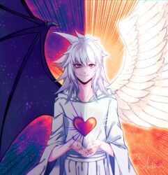 Rule 34 | 1boy, angel wings, artist name, bakura ryou, black wings, cali (aestromeri), change of heart, change of heart (cosplay), cosplay, demon wings, dual persona, feathered wings, feathers, heart, highres, long sleeves, male focus, medium hair, own hands together, red eyes, signature, smile, solo, spiked hair, split theme, straight-on, white feathers, white hair, wide sleeves, wings, yami bakura, yu-gi-oh!, yu-gi-oh! duel monsters