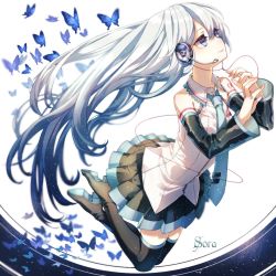 Rule 34 | 1girl, alternate hairstyle, artist name, bare shoulders, black footwear, black thighhighs, blue butterfly, blue eyes, blue hair, blue necktie, blush, boots, bug, butterfly, closed mouth, collared shirt, commentary, full body, grey shirt, hair down, hair undone, hatsune miku, headphones, insect, long hair, long sleeves, necktie, nose blush, pleated skirt, shirt, simple background, skirt, sleeveless, sleeveless shirt, smile, solo, sora (soramame), string, string of fate, thigh boots, thighhighs, upper body, very long hair, vocaloid, wide sleeves, wing collar