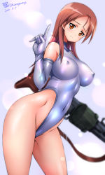 Rule 34 | 1girl, bare shoulders, blush, breasts, covered navel, dated, elbow gloves, erect nipples, gloves, gun, highleg, highleg leotard, impossible clothes, impossible leotard, index finger raised, kamogawa tanuki, large breasts, leotard, long hair, looking at viewer, machine gun, mg42, minna-dietlinde wilcke, orange eyes, red hair, shiny, shiny clothes, shiny hair, signature, silver gloves, silver leotard, smile, solo, strike witches, twitter username, weapon, world witches series