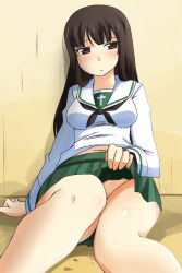Rule 34 | 10s, 1girl, bare legs, blush, breasts, brown eyes, brown hair, clothes lift, girls und panzer, groin, highres, impossible clothes, impossible shirt, jewelry, lifting own clothes, looking at viewer, matching hair/eyes, navel, neckerchief, nishi koutarou, nishizumi shiho, no panties, no pants, ring, school uniform, serafuku, shirt, sitting, skirt, skirt lift, solo
