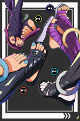 Rule 34 | 1girl, absurdres, ahri (league of legends), anklet, artist logo, barefoot, black footwear, black nails, blue footwear, blue nails, colored skin, commentary, crossed legs, dorsiflexion, english commentary, feet, feet only, foot focus, grey background, grey skin, highres, jewelry, league of legends, mohoshadream, multiple views, nail polish, out of frame, purple footwear, purple nails, red nails, sandals, shadow, single sandal, toenail polish, toenails, toes