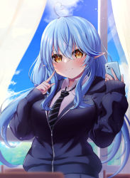 Rule 34 | 1girl, absurdres, ahoge, black jacket, black necktie, black skirt, blue hair, blue sky, blurry, blurry background, blush, breasts, brown eyes, cellphone, closed mouth, cloud, collared shirt, commentary request, curtains, day, depth of field, diagonal-striped clothes, diagonal-striped necktie, glint, hair between eyes, hands up, heart, heart ahoge, highres, holding, holding phone, hololive, hood, hood down, hooded jacket, indoors, jacket, looking at viewer, medium breasts, multicolored hair, necktie, neko punch (user hddm3373), phone, pleated skirt, pointy ears, school uniform, shirt, skirt, sky, sleeves past wrists, smile, solo, streaked hair, striped clothes, upper body, virtual youtuber, white shirt, window, yukihana lamy