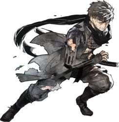 Rule 34 | 10s, 1boy, akira (kaned fools), armor, black hair, doudanuki masakuni, fighting stance, full body, injury, japanese armor, japanese clothes, katana, male focus, official art, pants, personification, ready to draw, scar, scarf, solo, sword, teeth, torn clothes, torn pants, touken ranbu, transparent background, weapon, yellow eyes
