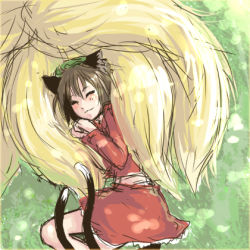 Rule 34 | 1girl, aiu, animal ears, bad id, bad pixiv id, cat ears, cat girl, cat tail, chen, closed eyes, female focus, fox tail, hat, hug, hugging another&#039;s tail, lowres, nature, plant, sketch, skirt, sleeping, solo, tail, hugging tail, touhou, yakumo ran