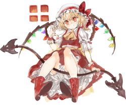 Rule 34 | 1girl, ascot, back bow, blonde hair, boots, bow, commentary request, cross, crystal, fang, flandre scarlet, frilled shirt collar, frilled skirt, frilled sleeves, frills, greek cross, hat, hat ribbon, konabetate, laevatein (touhou), mob cap, one side up, puffy short sleeves, puffy sleeves, red bow, red eyes, red footwear, red ribbon, red skirt, red vest, ribbon, shirt, short hair, short sleeves, simple background, skirt, solo, touhou, vest, white background, white hat, white shirt, wings, wrist cuffs, yellow ascot, yellow bow