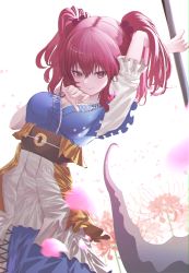 Rule 34 | 1girl, apron, arms up, blue dress, blurry, blurry background, blurry foreground, breasts, cleavage, coin, commentary, dress, flower, hair between eyes, hair bobbles, hair ornament, highres, holding, holding scythe, large breasts, leaning to the side, looking at viewer, obi, onozuka komachi, petals, purple eyes, red hair, sash, scythe, shirt, shirt under dress, short hair, short sleeves, smile, solo, spider lily, tenpai, touhou, two side up, waist apron, white background, white shirt