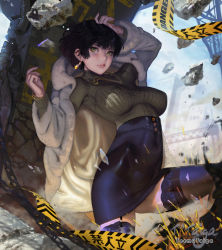 Rule 34 | 1girl, arm up, black hair, black thighhighs, blurry, blurry background, bracelet, breasts, breasts apart, building, caution tape, coat, covered navel, fubuki (one-punch man), fur coat, garter straps, jewelry, looking at viewer, medium breasts, necklace, one-punch man, rubble, short hair, solo, teemu taiga, thighhighs, yellow eyes