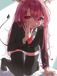 Rule 34 | 1girl, arm up, bat wings, black jacket, black skirt, black thighhighs, blazer, blush, breasts, buttoned cuffs, buttons, collared shirt, commentary request, demon girl, demon tail, demon wings, eyelashes, fingernails, hair between eyes, head wings, highres, jacket, koakuma, large breasts, lips, long hair, long sleeves, looking at viewer, microskirt, nail polish, necktie, on bed, red eyes, red hair, red nails, red necktie, shirt, sidelocks, skirt, smile, solo, suit jacket, tail, teruteru (teru teru), thighhighs, thighs, touhou, white shirt, wing collar, wings