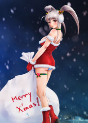Rule 34 | 1girl, ankle boots, bare shoulders, bell, boots, breasts, breath, choker, christmas, cleavage, gloves, hair bell, hair ornament, high heel boots, high heels, highres, long hair, looking back, night, night sky, open mouth, original, panties, rasukaru, red eyes, red gloves, ribbon choker, sack, santa costume, shoes, silver hair, sky, smile, snow, solo, striped clothes, striped panties, thigh strap, twintails, underwear