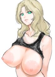 Rule 34 | 1girl, blonde hair, breasts, clothes lift, girls und panzer, green eyes, highres, huge breasts, kay (girls und panzer), kuppipi ramutarou, long hair, looking at viewer, nipples, shirt lift, solo, tank top, upper body