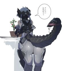 Rule 34 | 1girl, absurdres, armor, ass, bare shoulders, blue hair, bodysuit, colored skin, commentary request, dragon girl, dragon tail, facing away, feet out of frame, flower pot, from behind, highres, mecha musume, mechanical tail, natsukaze shigure, original, plant, potted plant, short hair, simple background, solo, speech bubble, standing, tail, thighhighs, translation request, white background