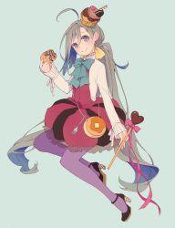 Rule 34 | 10s, 1girl, ahoge, black footwear, blue background, blue bow, blue bowtie, blue hair, bow, bowtie, candy, chocolate, chocolate heart, colis, commentary request, cupcake, doughnut, dress, food, fork, grey eyes, grey hair, heart, high heels, holding, holding food, kantai collection, kiyoshimo (kancolle), long hair, long sleeves, low twintails, multicolored hair, pancake, pantyhose, purple dress, purple pantyhose, shirt, shoes, simple background, sleeveless, sleeveless dress, smile, solo, twintails, twitter username, very long hair, white shirt