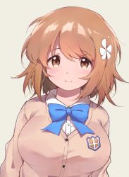 Rule 34 | 1girl, blue bow, blush, bow, bowtie, breasts, brown eyes, brown hair, flower, grey background, hair flower, hair ornament, idolmaster, idolmaster cinderella girls, korean commentary, large breasts, looking at viewer, mg pong, mimura kanako, school uniform, short hair, simple background, smile, solo, upper body, white flower