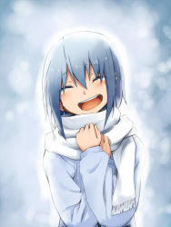 Rule 34 | 10s, 1girl, :d, blue background, blue hair, blue theme, blush, closed eyes, hair ornament, hairclip, happy, happy tears, kagiana, long sleeves, mahou shoujo madoka magica, mahou shoujo madoka magica (anime), miki sayaka, open mouth, scarf, short hair, smile, solo, sweater, tears, white scarf, winter clothes