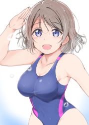 Rule 34 | 1girl, :d, ankoiri, blue eyes, blue one-piece swimsuit, breasts, bubble, cleavage, collarbone, grey hair, highres, looking at viewer, love live!, love live! sunshine!!, medium breasts, one-piece swimsuit, open mouth, salute, short hair, smile, solo, swimsuit, watanabe you, white background