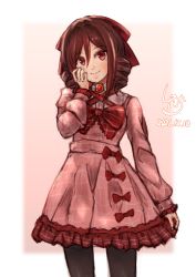Rule 34 | alternate costume, artist logo, black pantyhose, bow, brown hair, cowboy shot, dated, dress, drill hair, hair bow, hand on own face, harukaze (kancolle), highres, kantai collection, ld (luna dial398), one-hour drawing challenge, pantyhose, pink dress, red bow, red eyes, standing, twin drills