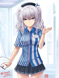 Rule 34 | 10s, 1girl, barcode scanner, blue eyes, breasts, clerk, employee uniform, haura akitoshi, kantai collection, kashima (kancolle), lawson, looking at viewer, silver hair, smile, solo, twintails, uniform, wavy hair