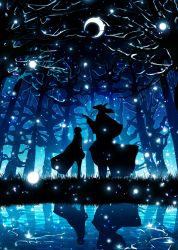Rule 34 | 1boy, 1girl, absurdres, cape, commentary request, crescent moon, elias ainsworth, forest, grass, harada miyuki, hatori chise, highres, lake, light particles, mahou tsukai no yome, moon, nature, night, outdoors, reflection, short hair, silhouette, sky, standing, star (sky), starry moon, starry sky, water surface
