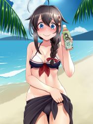 Rule 34 | 1girl, absurdres, adapted costume, ahoge, beach, bikini, black bikini, black hair, black sarong, blue eyes, blue sky, braid, breasts, cleavage, cloud, commentary request, cowboy shot, day, embarrassed, hair flaps, hair ornament, hair over shoulder, highres, kantai collection, long hair, medium breasts, official alternate costume, outdoors, palm leaf, product placement, sarong, shigure (kancolle), shigure kai ni (kancolle), single braid, sky, solo, swimsuit, tussy, yamashio maru (kancolle)