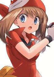 Rule 34 | 1girl, bandana, blue eyes, breasts, brown hair, creatures (company), game freak, gloves, highres, holding, holding poke ball, jacket, long hair, looking at viewer, may (pokemon), nintendo, open mouth, poke ball, pokemon, pokemon rse, red bandana, red jacket, short sleeves, simple background, small breasts, solo, twintails, upper body, v-shaped eyebrows, white background, white gloves, yuihico