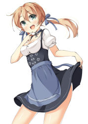 Rule 34 | 10s, 1girl, alternate costume, apron, bad id, bad pixiv id, blonde hair, blue apron, dirndl, dress, german clothes, hair ornament, kankitsunabe (citrus), kantai collection, long hair, open mouth, prinz eugen (kancolle), smile, solo, twintails, waist apron
