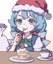 Rule 34 | 1girl, absurdres, blue dress, blue eyes, blue hair, blush stickers, bow, bowtie, cake, chair, cirno, coffee, coffee cup, collared shirt, cup, dishes, disposable cup, dress, eating, flat chest, food, fork, fruit, gradient background, green bow, green bowtie, hat, highres, ice, ice wings, kame (kamepan44231), one-hour drawing challenge, pinafore dress, sack, santa hat, shirt, short hair, simple background, sitting, sleeveless, sleeveless dress, smile, solo, strawberry, table, touhou, white background, white shirt, wings