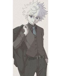 Rule 34 | 1boy, absurdres, alternate costume, black suit, blue eyes, enoki (gongindon), feet out of frame, formal, highres, holding, holding clothes, holding jacket, hunter x hunter, jacket, killua zoldyck, long sleeves, looking at viewer, male focus, short hair, simple background, smile, solo, spiked hair, suit, vest, white hair