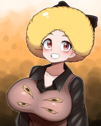 Rule 34 | 1girl, absurdres, afro, alternate hairstyle, black bow, black shirt, blonde hair, blush, bow, breasts, brown dress, brown eyes, commentary request, dress, extra eyes, grin, hair bow, highres, impossible clothes, impossible dress, kurodani yamame, large breasts, long sleeves, looking at viewer, pinafore dress, rinyamame, shirt, short hair, sleeveless dress, smile, solo, touhou, upper body
