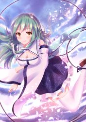 Rule 34 | 1girl, blush, breasts, cleavage, detached sleeves, green hair, kochiya sanae, long hair, looking at viewer, non (nobu), smile, snake, solo, thighhighs, touhou, white thighhighs, wide sleeves, yellow eyes