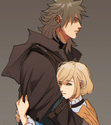 Rule 34 | 1boy, 1girl, artist name, blonde hair, brown background, brown cloak, brown eyes, brown hair, cardinal (ragnarok online), chinese commentary, cloak, closed mouth, commentary request, cross, dated commentary, expressionless, golden wings, green eyes, grey shirt, hair between eyes, hug, long bangs, looking afar, looking at viewer, looking to the side, medium bangs, medium hair, profile, ragnarok online, shadow cross (ragnarok online), shirt, short hair, simple background, smile, upper body, z.i
