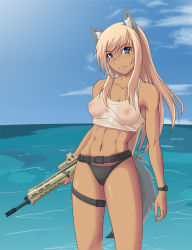 Rule 34 | 1girl, abs, animal ears, assault rifle, bare shoulders, belt, black panties, blonde hair, blue eyes, breasts, adaptive combat rifle, dark skin, dark-skinned female, day, eotech, covered erect nipples, female focus, foxhound220, gun, long hair, adaptive combat rifle, medium breasts, midriff, muscular, navel, nipples, original, outdoors, panties, rifle, see-through, sky, solo, tail, tank top, thigh strap, toned, underwear, watch, water, weapon, wolf, wolf ears, wolf tail, wristwatch