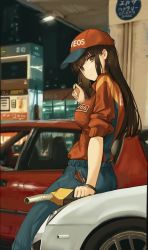 Rule 34 | 1girl, arm up, baseball cap, brown eyes, brown hair, car, food, from side, gas pump, gas pump nozzle, gas station, hat, highres, honda civic, jumpsuit, lexus lfa, long hair, looking at viewer, motor vehicle, original, pocky, product placement, red shirt, sawkm, shirt, sitting, sitting on car