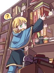 Rule 34 | 1girl, ?, arm up, blonde hair, blue capelet, blue pants, blue robe, book, book stack, bookshelf, box, braid, cactus, capelet, cat, character doll, chilchuck tims, cowboy shot, doll, dungeon meshi, elf, green eyes, hair over shoulder, highres, holding, indoors, izutsumi, ladder, laios touden, long hair, long sleeves, looking at viewer, marcille donato, pants, pointy ears, reaching, robe, senshi (dungeon meshi), solo, spoken question mark, sss-u-n, wide sleeves