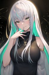 Rule 34 | 1girl, aqua hair, aqua nails, black shirt, breasts, colored inner hair, commentary, detached sleeves, green eyes, grey hair, hair between eyes, highres, jewelry, large breasts, light blush, long hair, looking at viewer, multicolored hair, nail polish, narijade, necklace, original, parted lips, ring, see-through, see-through sleeves, shirt, signature, sleeveless, sleeveless shirt, solo, standing, turtleneck, turtleneck shirt, two-tone hair, upper body