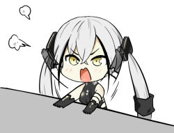 Rule 34 | 1girl, angry, bare shoulders, black gloves, blush, breasts, destroyer (girls&#039; frontline), girls&#039; frontline, gloves, hair between eyes, hair ornament, long hair, nemoga, open mouth, pale skin, sangvis ferri, silver hair, sleeveless, solo, twintails, yellow eyes