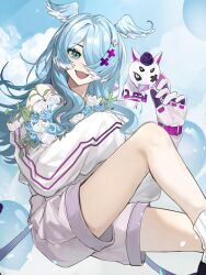 Rule 34 | 1girl, blue eyes, blue hair, blue wings, bouquet, elira pendora, elira pendora (1st costume), fangs, flower, hair ornament, hair over one eye, head wings, hhmy (50158413), highres, long hair, multicolored hair, nijisanji, nijisanji en, one eye covered, pikl (elira pendora), shorts, solo, sweater, virtual youtuber, white hair, white shorts, white sweater, wings, x hair ornament