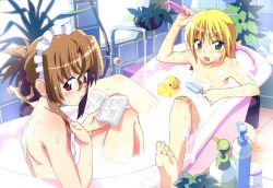 Rule 34 | 00s, 2girls, bandaid, bandaid on knee, bandaid on leg, barefoot, bath, bathing, blonde hair, blush, book, brown eyes, brown hair, feet, flat chest, folded ponytail, food, green eyes, hair up, hayate no gotoku!, looking at viewer, looking back, maid headdress, maria (hayate no gotoku!), multiple girls, nude, open book, open mouth, partially submerged, pink eyes, popsicle, reading, rubber duck, same-sex bathing, sanzen&#039;in nagi, shared bathing, soap, soap bubbles, soles, spread legs, toes, watanabe akio, wet