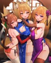 Rule 34 | 3girls, animal ears, ass, black legwear, blonde hair, blue dress, blush, breasts, brown eyes, brown hair, cat ears, cat tail, chen, china dress, chinese clothes, cleavage, cleavage cutout, clothing cutout, commentary request, double bun, dress, fox ears, fox tail, hair between eyes, hair bun, large breasts, long hair, marota, multiple girls, multiple tails, open mouth, purple dress, purple eyes, red dress, short hair, smile, tail, thighhighs, touhou, twitter username, two tails, white legwear, yakumo ran, yakumo yukari, yellow eyes