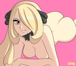 Rule 34 | 1girl, artist name, ass, blonde hair, blush, breasts, brown eyes, creatures (company), crossed arms, cynthia (pokemon), female focus, game freak, hair ornament, hair over one eye, highres, long hair, looking at viewer, lying, lyotanc, medium breasts, nintendo, nipples, nude, on stomach, pink background, pokemon, pokemon dppt, signature, simple background, smile, solo