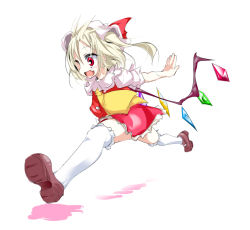 Rule 34 | 1girl, ascot, blonde hair, brown footwear, embodiment of scarlet devil, fang, female focus, flandre scarlet, full body, hat, hat ribbon, idschtvu, mob cap, oouso, open mouth, outstretched arms, red eyes, red ribbon, red skirt, ribbon, running, shoe soles, shoes, short hair, short sleeves, side ponytail, simple background, skirt, skirt set, solo, thighhighs, touhou, white background, white thighhighs, wings