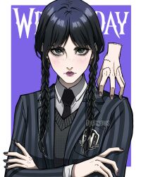 Rule 34 | 1girl, 1other, addams family, black eyes, black hair, braid, crossed arms, freckles, highres, lips, long hair, looking at viewer, oyenpaws, parted bangs, portrait, solo, twin braids, watermark, wednesday (netflix), wednesday addams