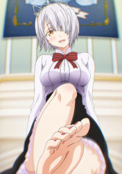 Rule 34 | 10s, 1girl, absurdres, artist request, barefoot, blush, bow, breasts, chartreux westia, feet, foot focus, from below, hair over one eye, highres, kishuku gakkou no juliet, looking at viewer, nail polish, open mouth, pov, sitting, skirt, smile, soles, solo, tiara, toes, white hair, yellow eyes