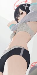 Rule 34 | 1girl, arm up, ayane (blue archive), black hair, black shorts, blue archive, bra, breasts, brown eyes, commentary, hair ornament, halo, highres, hiroki (yyqw7151), medium breasts, panties, panties under shorts, red halo, shirt, short sleeves, shorts, solo, standing, underwear, undressing, white bra, white panties, white shirt