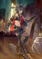 Rule 34 | 1girl, :d,  hair, absurdres, bare shoulders, belt, black belt, black hair, black thighhighs, blonde hair, blue eyes, book, book stack, breasts, candle, commentary, criss-cross halter, curtains, dehya (genshin impact), genshin impact, halterneck, highres, holding, holding sword, holding weapon, indoors, ktr (tpun2553), large breasts, long hair, looking at viewer, midriff, multicolored hair, navel, open mouth, planted, planted sword, planted weapon, pointy, smile, solo, standing, stomach, streaked hair, sword, thighhighs, very long hair, warrior, weapon, window